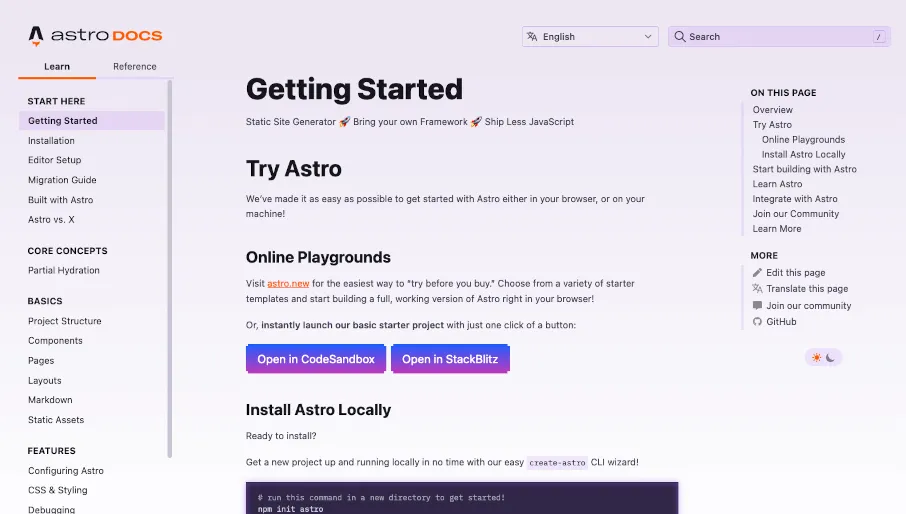 A screenshot of https://docs.astro.build/